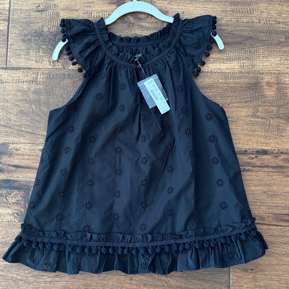 J Crew - Black Eyelet Pom-pom Top Cotton Poplin Blouse NWT - Sz S